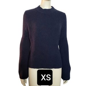 Boden XS Wool Blend Bell Sleeve Sweater Ribbed Pullover Mock Neck Navy Relaxed